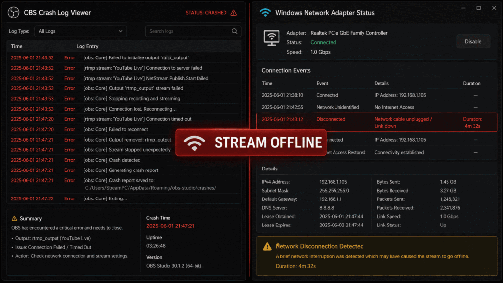 Stream disconnect diagnostic showing OBS log and network drop event