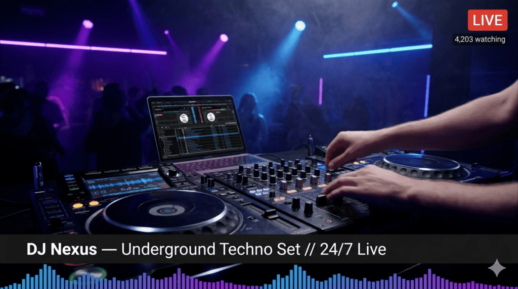 DJ live stream setup on YouTube with DJ equipment and stream overlay