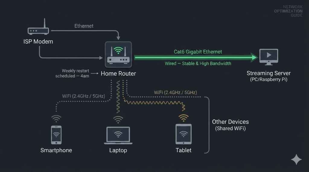 Home network setup diagram showing stable wired connection for 247 streaming