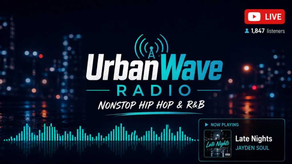 Internet radio station YouTube live stream visual with station branding and audio visualizer