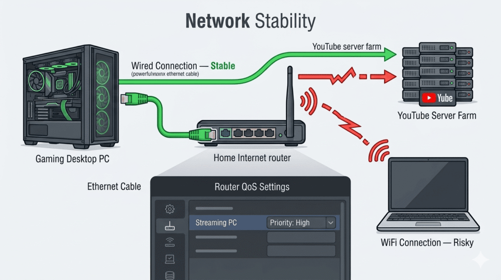 Network stability setup diagram for preventing YouTube stream disconnects