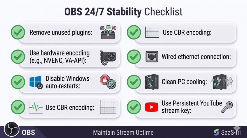 OBS Studio configuration checklist for stable 247 long-duration streaming