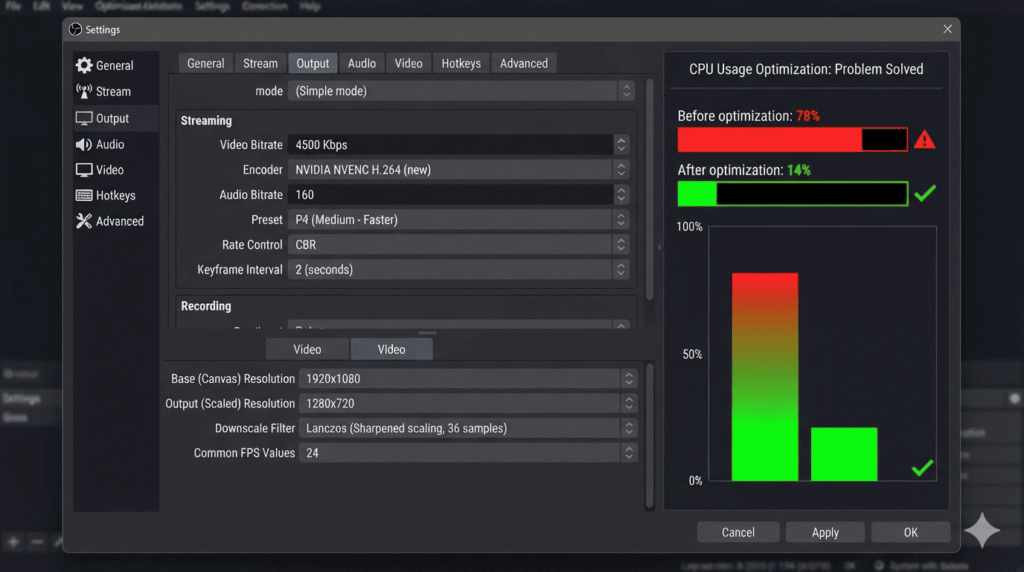OBS Studio settings showing CPU optimization configuration for 247 streaming