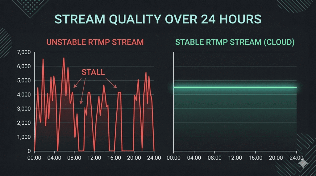 RTMP stream stability comparison showing stable vs unstable bitrate graphs